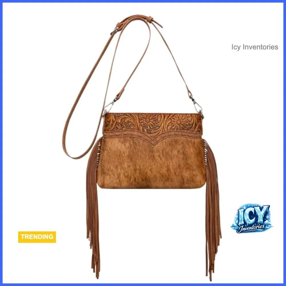 Genuine Hair-On Cowhide Western Crossbody Purse with Floral Embossed Design